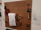 (GAR) WALL LOT OF MISC. TO INCLUDE HAMMERS, MALLETS, SCREW DRIVERS, AN EXTENSION CORD, LONG GARDEN