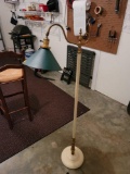 (GAR) VINTAGE WHITE METAL & BRASS FLOOR LAMP WITH GREEN TIN SHADE. IT MEASURES APPROX. 54