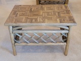 (LR) VINTAGE RATTAN END TABLE WITH WOVEN RATTAN SIDES & BACK/FRONT. IT MEASURES APPROX. 28