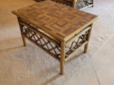 (LR) VINTAGE RATTAN END TABLE WITH WOVEN RATTAN SIDES & BACK/FRONT. IT MEASURES APPROX. 28