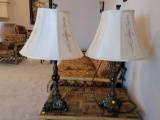 (LR) PAIR OF MODERN BRONZE TONED CANDLE STICK STYLE LAMPS WITH A GLASS BALL MIDDLE, DETAILED CLOTH