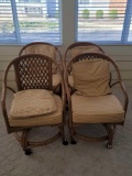 (SUNRM) SET OF 4 ROLLING WOODEN CHAIRS WITH WOVEN BACKS. YELLOW AND RED UPHOLSTERED SEAT AND BACK