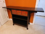 (HBATH) ORIENTAL INFLUENCED THREE DRAWER BAR/SERVER. THIS PIECE IS MAINLY BLACK WITH GOLD LINE