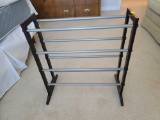 (BR1) MODERN BROWN WOOD & METAL ADJUSTABLE 3-TIER SHOE ORGANIZER RACK. FULLY CLOSED IT MEASURES