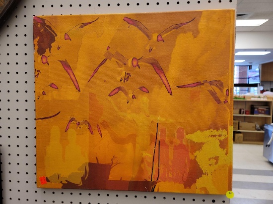 (R1) PRINT ON CANVAS DEPICTING ORANGE AND RED SEAGULLS FLYING THROUGH THE AIR WITH A ROMAN STATUE