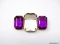 VINTAGE AVON GOLD TONE BROOCH WITH LARGE RECTANGULAR CUT AMETHYST & CLEAR COLORED RHINESTONES.