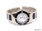 STUDIO QUARTZ STAINLESS STEEL CUFF BRACELET WRIST WATCH WITH BLACK ENAMEL & CLEAR CRYSTAL DETAILING