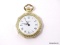 BRADLEY SWISS MADE GOLD TONE ELEGANT POCKET WATCH WITH WHITE ROMAN NUMERAL FACE, NICE FLORAL & LINE