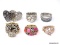 LOT OF (6) FASHION RINGS TO INCLUDE SILVER TONE DOUBLE HEART BLACK & CLEAR RHINESTONE STRETCH RING,