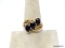 14K YELLOW GOLD LADIES RING WITH (3) PRNG SET OVAL CUT DARK BLUE SAPPHIRES, ACCENTED WITH DIAMOND