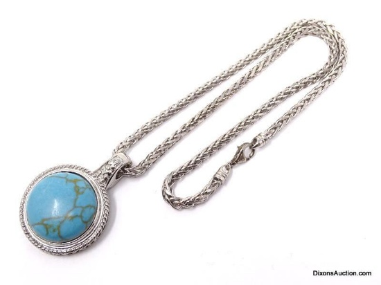 .925 STERLING SILVER SPIGA STERLING CHAIN NECKLACE WITH LARGE SILVER-TONE FAUX. TURQUOISE PENDANT