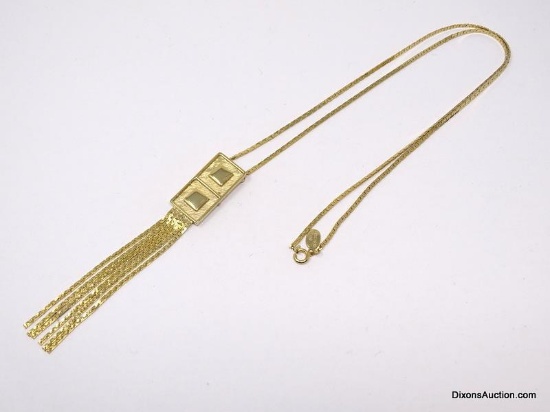 VINTAGE DIRECTION ONE GOLD TONE SQUARE GEOMETRIC PENDANT NECKLACE WITH TASSELS. IT MEASURES APPROX.