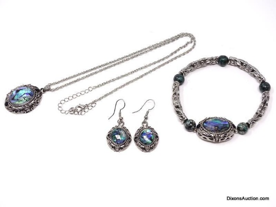 CANYON SKY 4 PC. DECORATIVE JEWELRY SET TO INCLUDE A PAIR OF SILVER-TONE SIMULATED ABALONE DANGLE