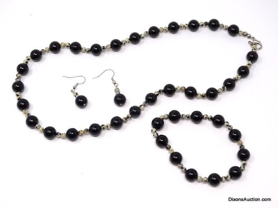 4 PC. MODERN JEWELRY SET - BLACK BALL BEAD & STONE BALL DESIGNED. THE NECKLACE IS 20-1/2" LONG & HAS
