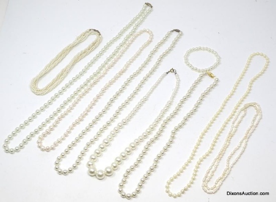 TRAY LOT OF FAUX. PEARL NECKLACES/BRACELET. INCLUDES 8 VARIOUS SIZED FAUX. PEARL NECKLACE & A SINGLE
