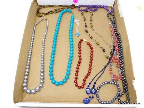 LOT OF (10) DECORATIVE NECKLACES INCLUDES A TURQUOISE COLORED BALL BEAD NECKLACE, METALLIC BALL BEAD