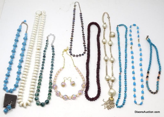 LOT OF (10) FASHION NECKLACES TO INCLUDE TURQUOISE COLORED NECKLACES, FAUX. FRESH WATER PEARL