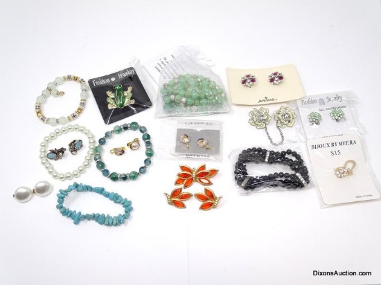 LOT OF MISC. FASHION JEWELRY TO INCLUDE BRAND NEW FROG BROOCH, PAIR OF VINTAGE TRIFARI CLIP ON