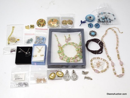LOT OF MISC. FASHION JEWELRY TO INCLUDE A GOLD TONE SIMULATED OPAL/CZ 3 PC. NECKLACE & EARRING SET,