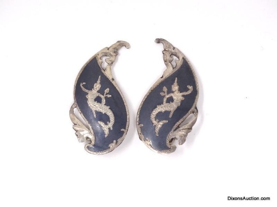 PAIR OF SIAM NIELLO STERLING SILVER THAI GODDESS CLIP ON EARRINGS. MARKED ON THE INSIDE STERLING