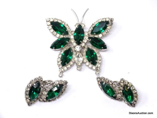3 PC. VINTAGE RHINESTONE SEAT TO INCLUDE A GREEN & CLEAR RHINESTONE BUTTERFLY BROOCH WITH A PAIR OF