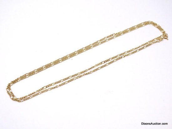 14K YELLOW GOLD FIGARO CHAIN NECKLACE - MARKED 14K RVI. IT MEASURES APPROX. 30" LONG & WEIGHS