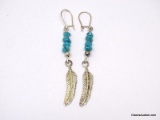 PAIR OF NATIVE AMERICAN .925 STERLING SILVER & TURQUOISE PIERCED DANGLE FEATHER EARRINGS. THEY