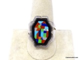 DESERT ROSE TRADING .925 STERLING SILVER RING WITH INLAID BLACK ONYX, TURQUOISE, MOTHER OF PEARL,