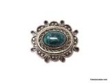 .925 STERLING SILVER & CHRYSOCOLLA FILIGREE BROOCH. FEATURES VERY NICE DETAILING. MARKED ON THE BACK