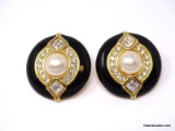 PAIR OF SWAROVSKI CRYSTAL ROUND PIERCED EARRINGS WITH A LARGE CENTER FAUX. PEARL, ACCENTED WITH