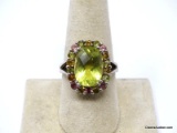 .925 STERLING SILVER RING WITH LARGE CUSHION CUT YELLOW CITRINE GEMSTONE, ACCENTED WITH OTHER ROUND