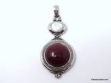 LIA SOPHIA SILVER-TONE DESIGNER PENDANT WITH LARGE ROUND DARK RED GEMSTONE & OVAL MOTHER OF PEARL