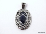 LIA SOPHIA SILVER-TONE DESIGNER PENDANT WITH LARGE OVAL CUSHION CUT SIMULATED SAPPHIRE STONE, OPEN