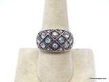 LIA SOPHIA SILVER TONE DESIGNER RING WITH SHIMMERING OPALESCENT & CLEAR ROUND CUT CZ GEMSTONES,