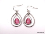 PAIR OF LIA SOPHIA SILVER TONE PEAR SHAPE PIERCED DANGLE EARRINGS WITH PINK LAB CREATED GEMSTONE.