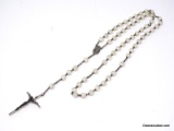 VINTAGE MARKED ROMA SILVER TONE WHITE/CLEAR BEAD ROSARY CROSS NECKLACE. MARKED ON THE SIDE OF THE