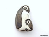 LIZ CLAIBORNE MAMA & BABY 2-TONE SILVER PENGUIN BROOCH WITH ROUND CZ EYE. MARKED ON THE BACK 