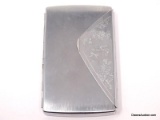 STAINLESS STEEL FLIP OPEN MIRRORED CIGARETTE CASE WITH FLORAL/BUTTERFLY DETAILING ON THE FRONT. IT