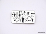 SIGNED URBAN FETISHES PEWTER TRIBAL SCENE BROOCH. DATED 1998. IT MEASURES APPROX. 1-1/2