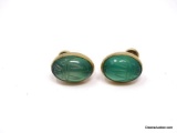 TK 1/20TH 12K YELLOW GOLD FILLED GREEN JADE SCARAB SCREW BACK EARRINGS. MARKED ON THE TOP OF THE