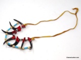 NATIVE AMERICAN INFLUENCED RED & BLACK IMITATION BEAR CLAW ROPE NECKLACE WITH BARE WOOD & TURQUOISE