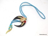 NATIVE AMERICAN INFLUENCED RED & BLACK IMITATION CLAW BOLO TIE WITH TURTLE FETISH, GOLD TONE