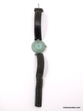 VINTAGE JADE & .925 STERLING SILVER WRIST WATCH WITH PEYOTE BIRD GENUINE LEATHER BAND (WORN). NEEDS