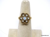 STERLING SILVER GOLD VERMEIL FILIGREE RING WITH ROUND OPAL GEMSTONES, FLORAL STYLE DESIGN. MARKED ON
