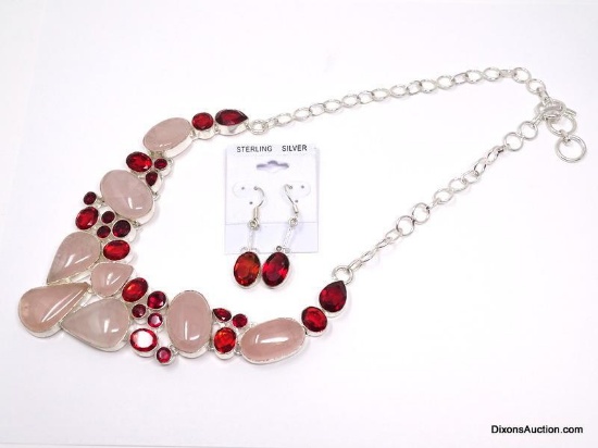 .925 AAA 18"-19" TOP QUALITY LARGE CHOKER STYLE ROSE QUARTZ AND GARNET ACCENT NECKLACE WITH MATCHING