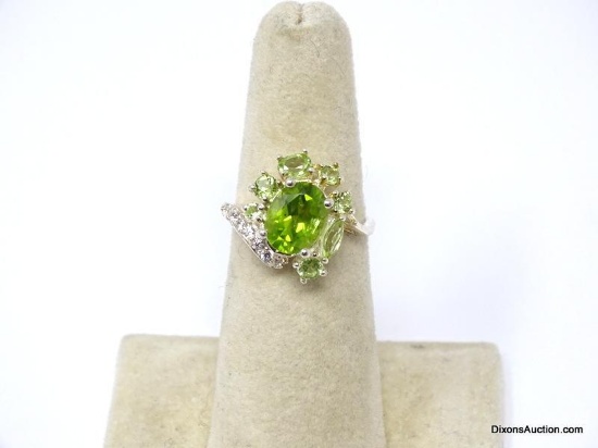 .925 AAA QUALITY OVAL PERIDOT GEMSTONE RING WITH UNHEATED CZ ACCENTS. SZ 5.5. NEW! SRP $89.00.