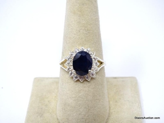 .925 AAA GENUINE GORGEOUS HEATED MOZAMBIQUE BLUE SAPPHIRE RING WITH CZ ACCENTS. SIZE 8.25. NEW! SRP
