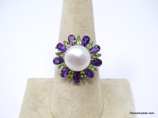 .925 AAA STUNNING 9-10 MM WHITE FRESHWATER PEARL WITH UNHEATED PERIDOT AND AMETHYST COCKTAIL RING.