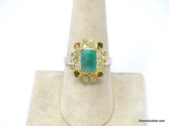 .925 AAA GORGEOUS NATURAL EMERALD CUT ZAMBIA GREEN EMERALD RING WITH CUSTOM DESIGN, CZ'S AND GOLDEN