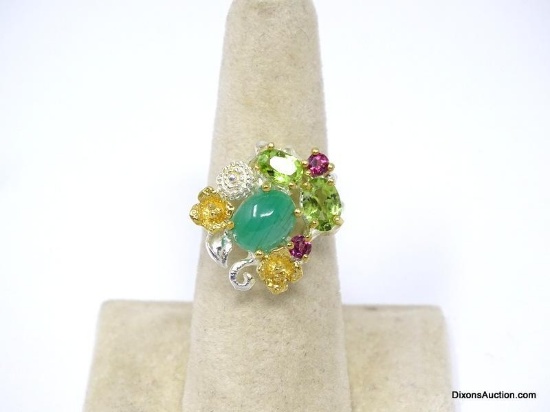 .925 AAA TOP QUALITY NOT ENHANCED GREEN ONYX CABOCHON CENTER GEMSTONE RING WITH GORGEOUS PERIDOT,